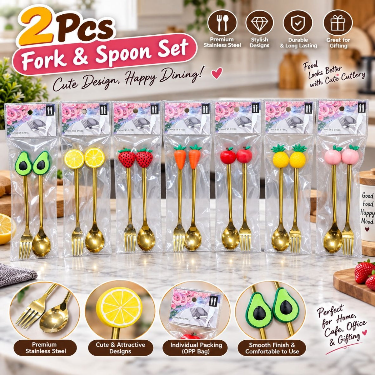 SHRINEX 2 Pcs Fancy Fruits Spoon & Fork Set