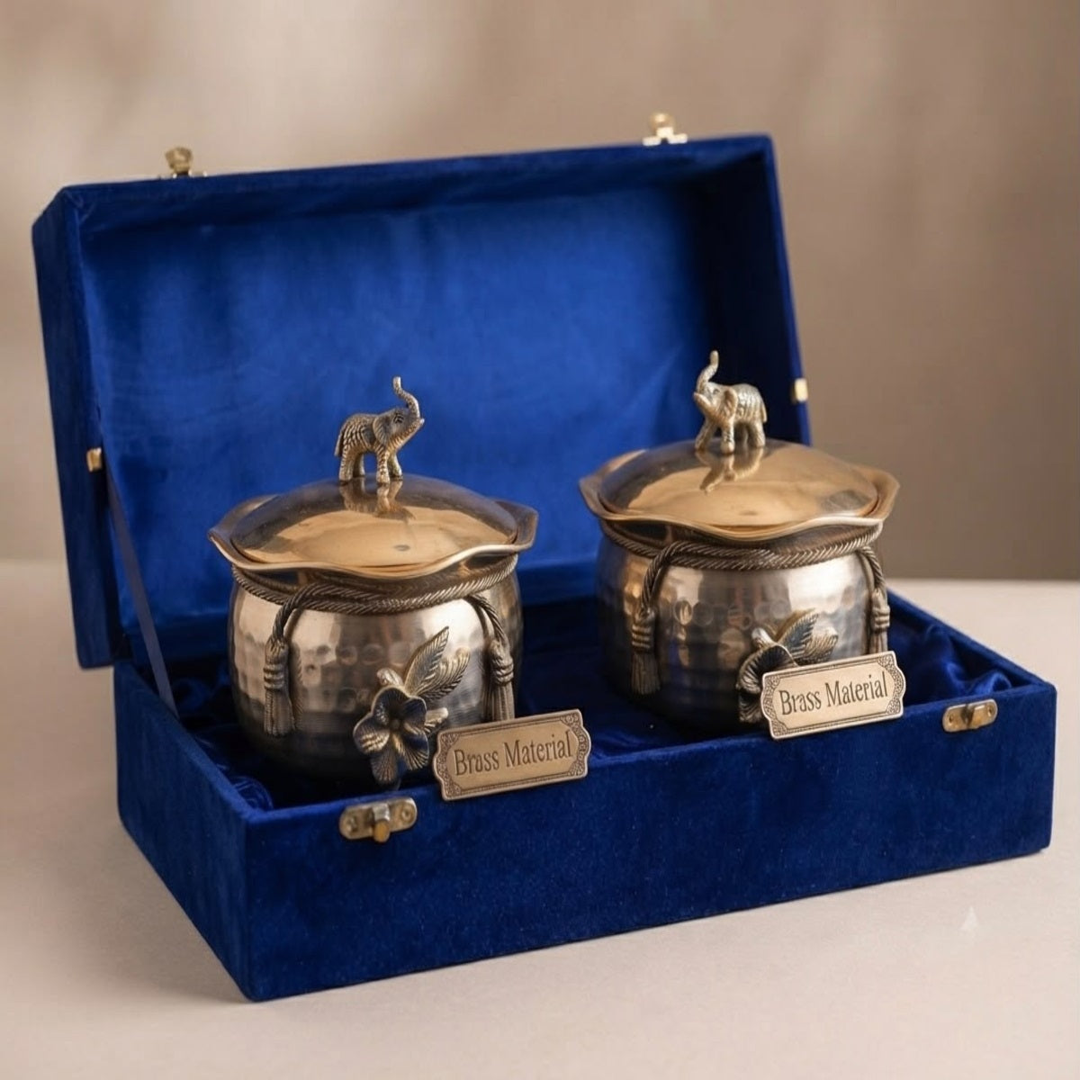 SHRINEX BRASS BOWL SET WITH ELEPHANT HANDLE LID