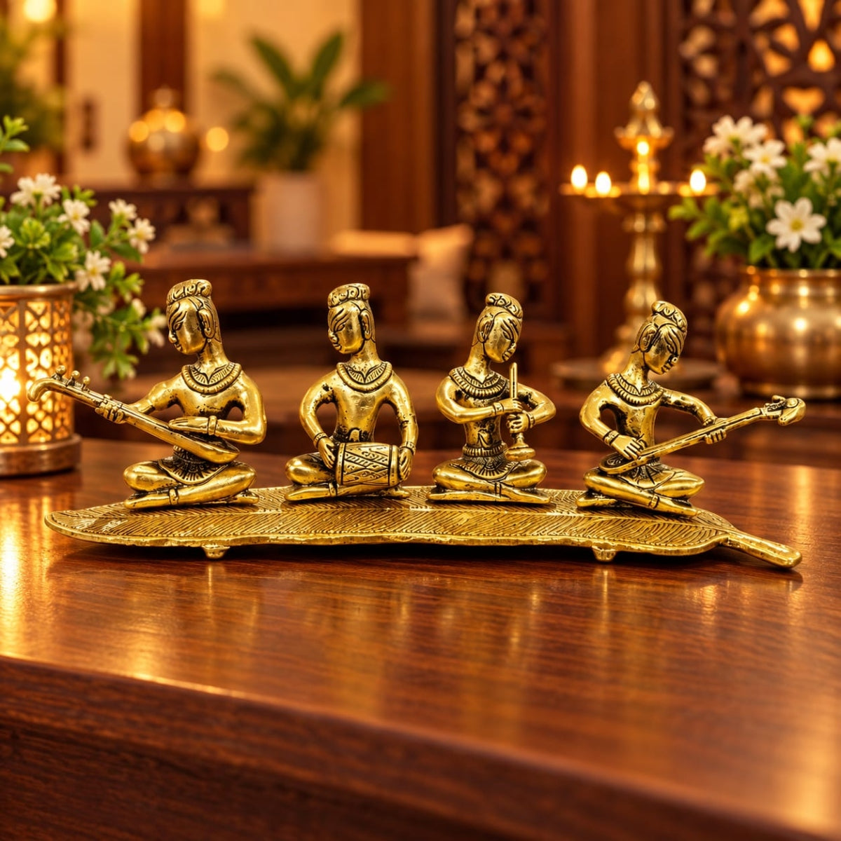 SHRINEX BRASS TRIBAL MUSICIAN SET OF 4 WITH LEAF BASE