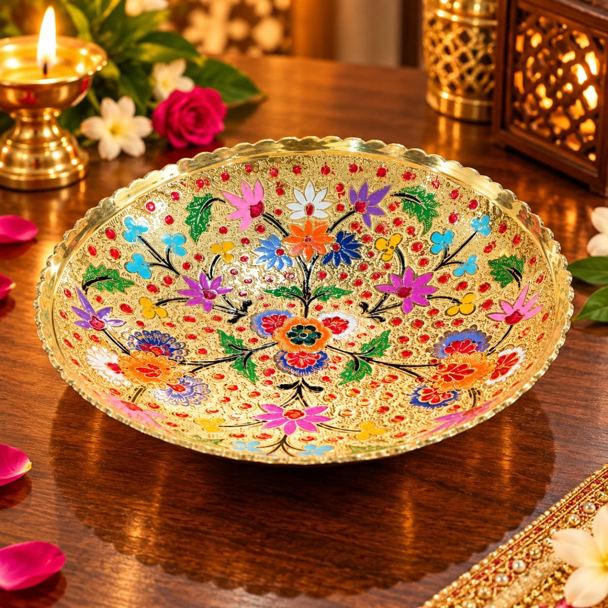 SHRINEX BRASS HAND PAINTED FRUIT BOWL