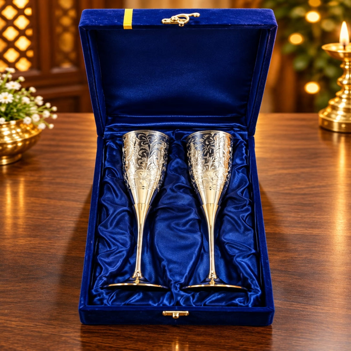 SHRINEX BRASS & SILVER PLATED CHAMPANGE GLASS (SET OF 2 ) WITH VELVET BOX