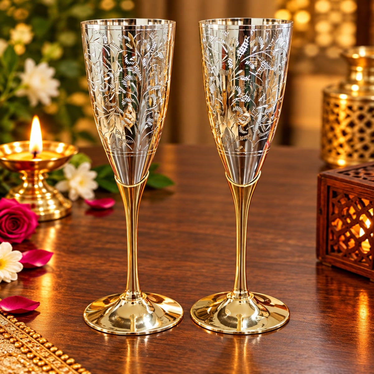 SHRINEX BRASS & SILVER PLATED CHAMPANGE GLASS (SET OF 2 ) WITH VELVET BOX