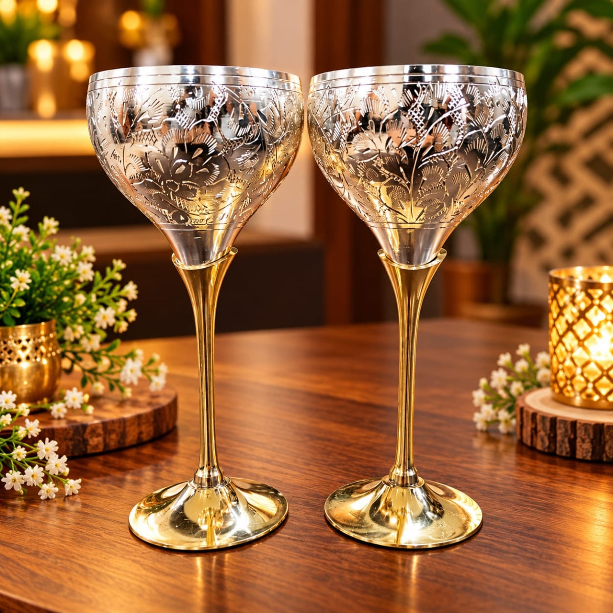 BRASS & SILVER PLATED WINE GLASS ( SET OF 2 ) VELVET BOX