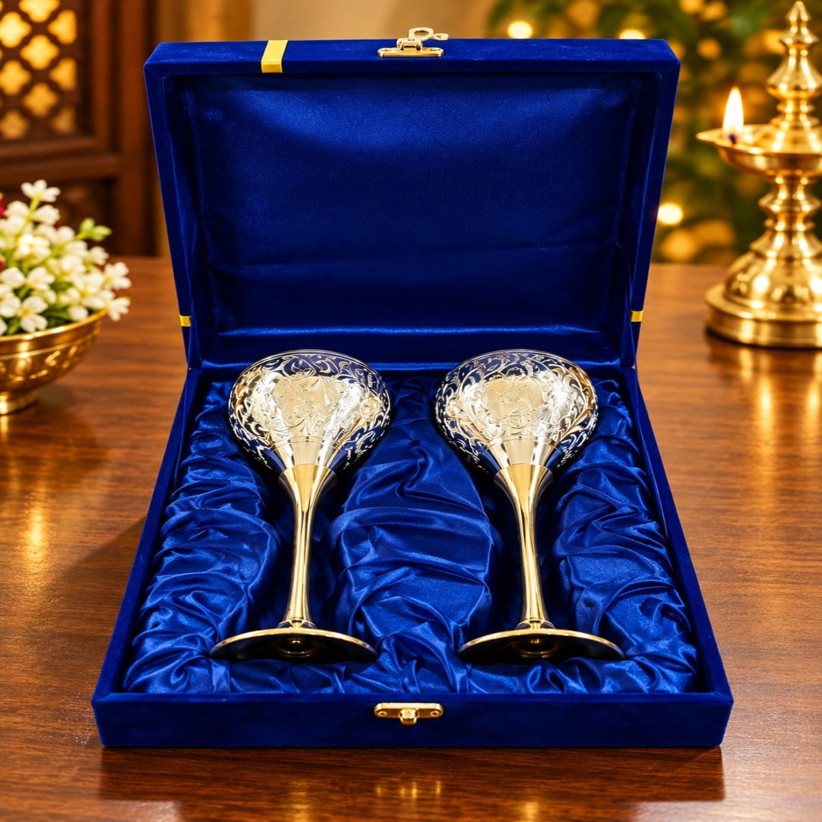 BRASS & SILVER PLATED WINE GLASS ( SET OF 2 ) VELVET BOX