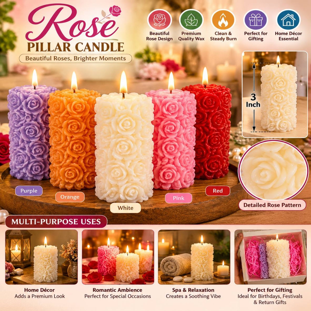 SHRINEX Fancy Rose Pillar Candles