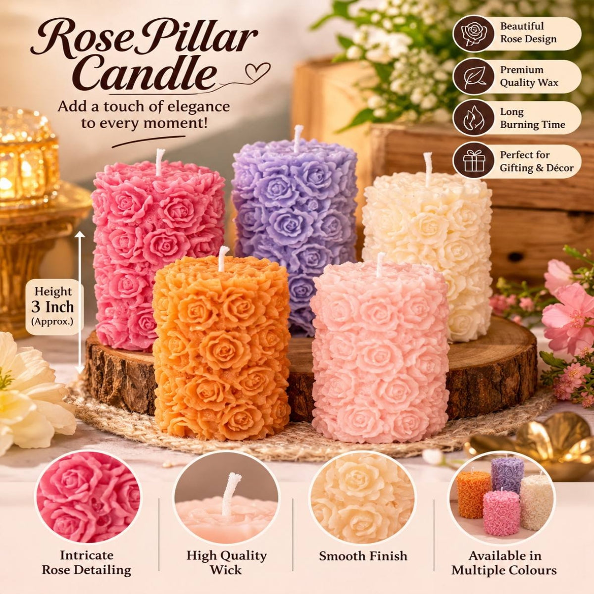 SHRINEX Fancy Rose Pillar Candles