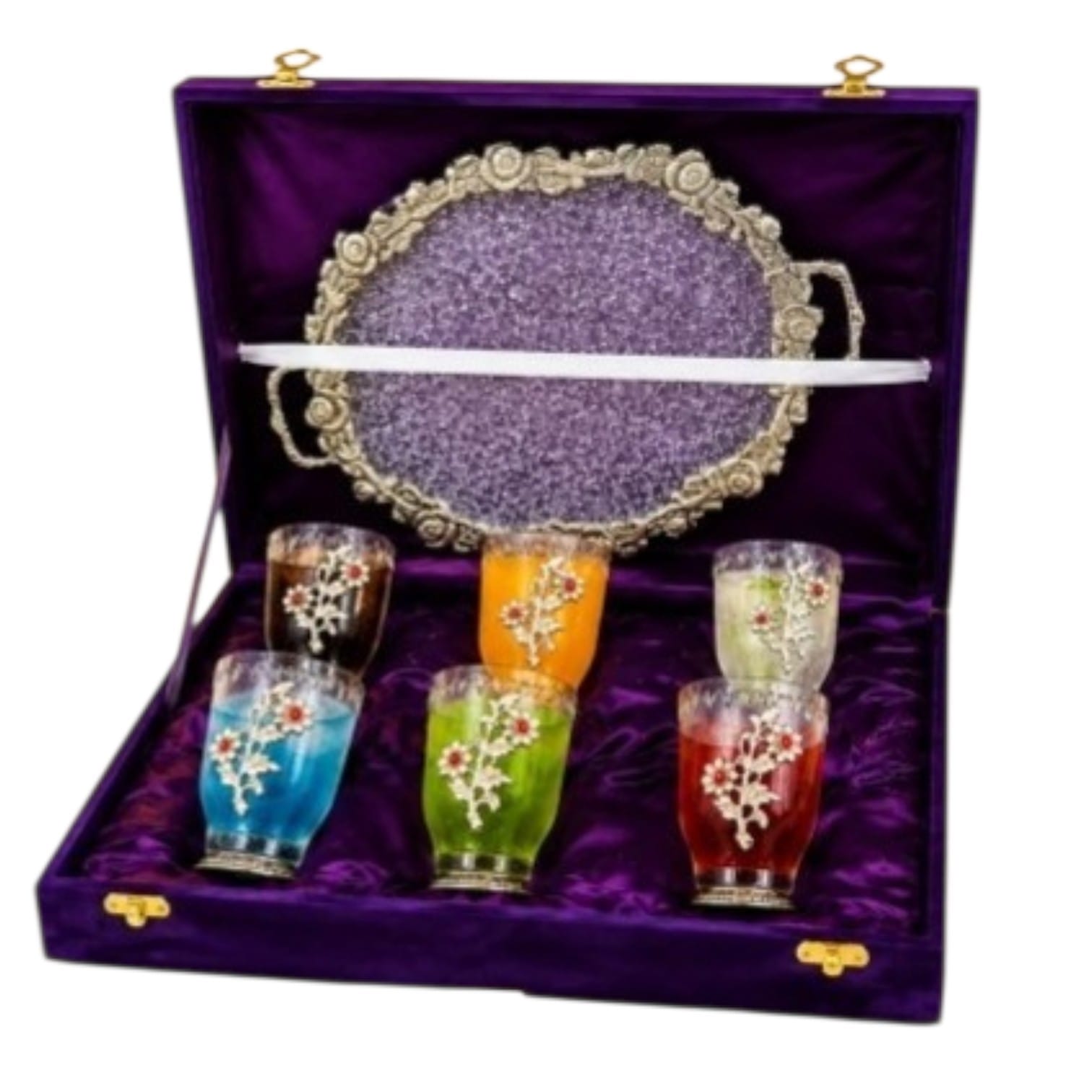 SHRINEX SILVER GLASS AND TRAY SET WITH VELVET BOX