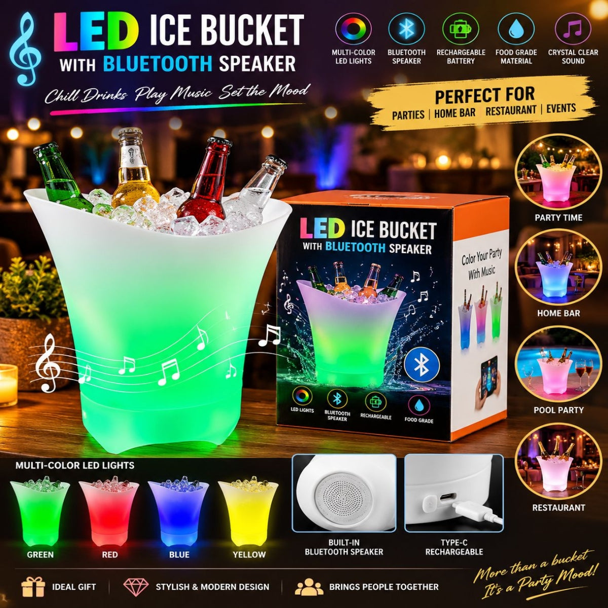 SHRINEX LED Ice Bucket With Bluetooth Speaker