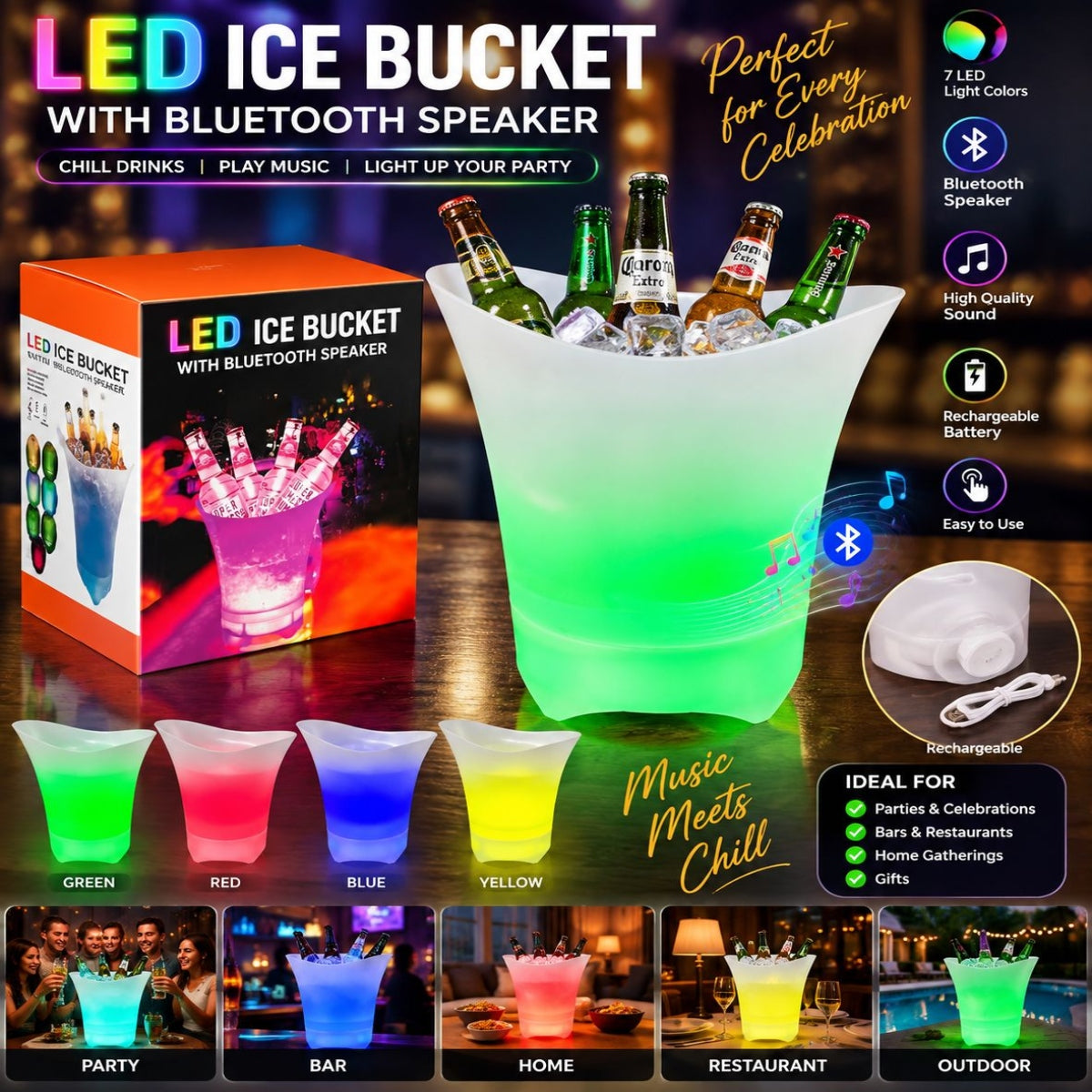 SHRINEX LED Ice Bucket With Bluetooth Speaker