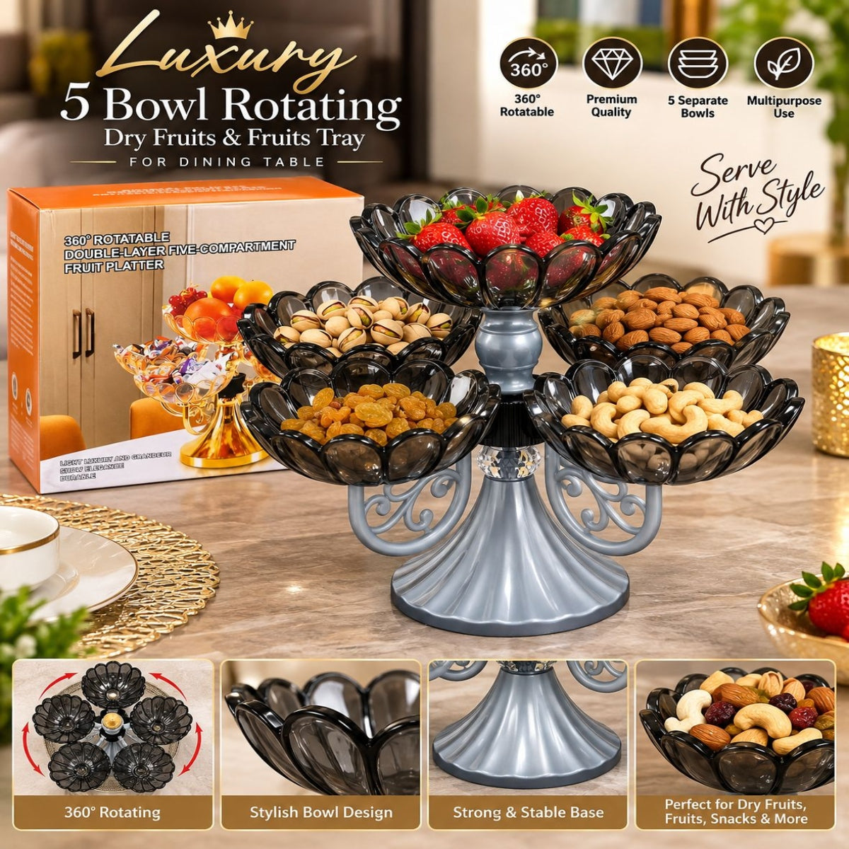 SHRINEX Luxury 5 Bowl 360° Rotating Fruits & Dryfruits Tray