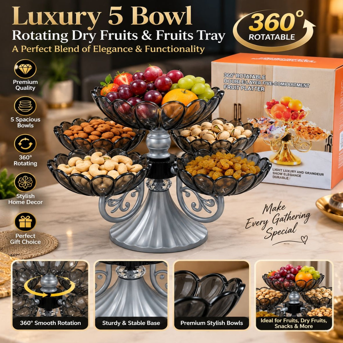 SHRINEX Luxury 5 Bowl 360° Rotating Fruits & Dryfruits Tray