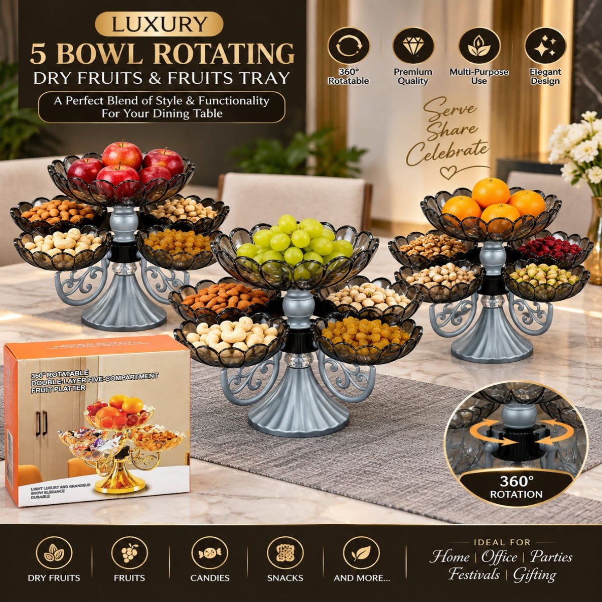 SHRINEX Luxury 5 Bowl 360° Rotating Fruits & Dryfruits Tray