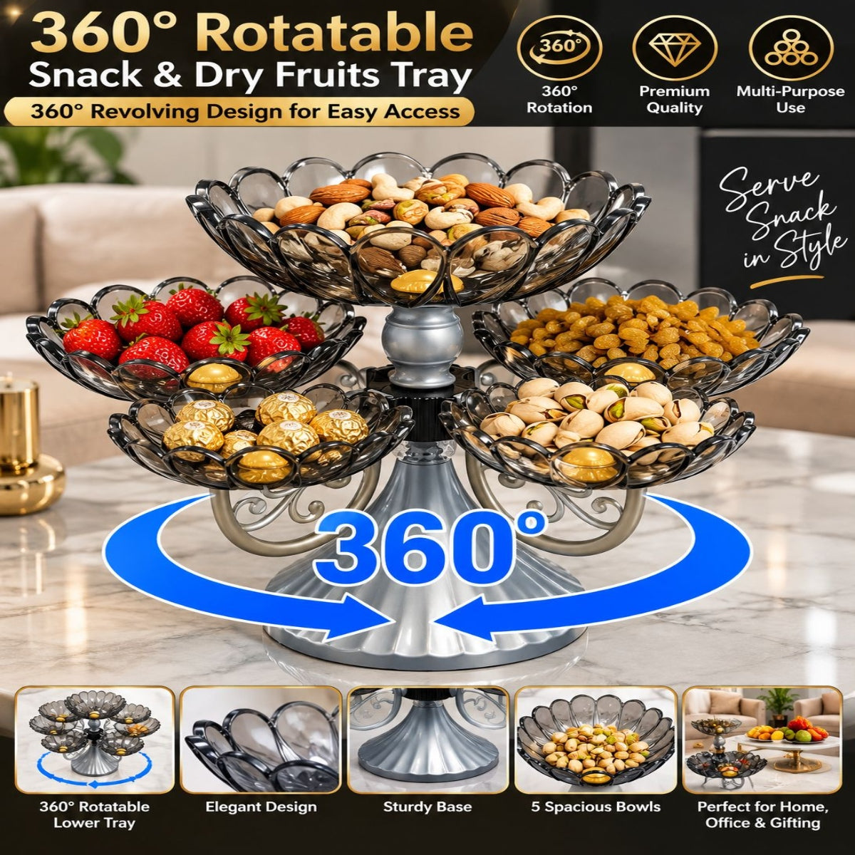 SHRINEX Luxury 5 Bowl 360° Rotating Fruits & Dryfruits Tray