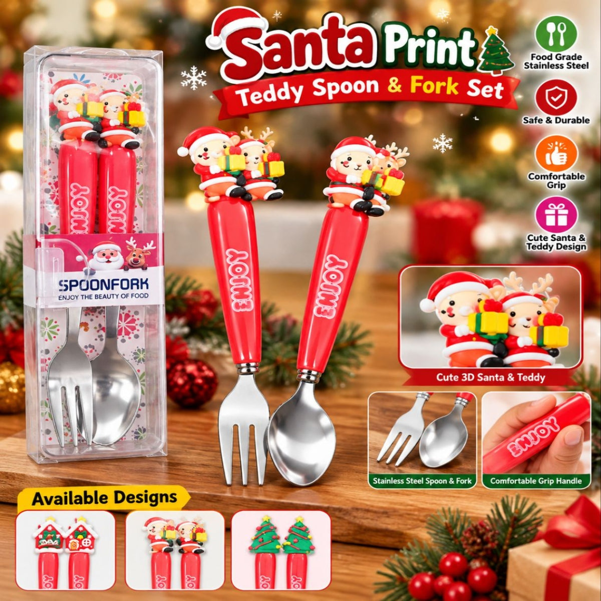 SHRINEX Printed Santa Mix Spoon & Fork Set