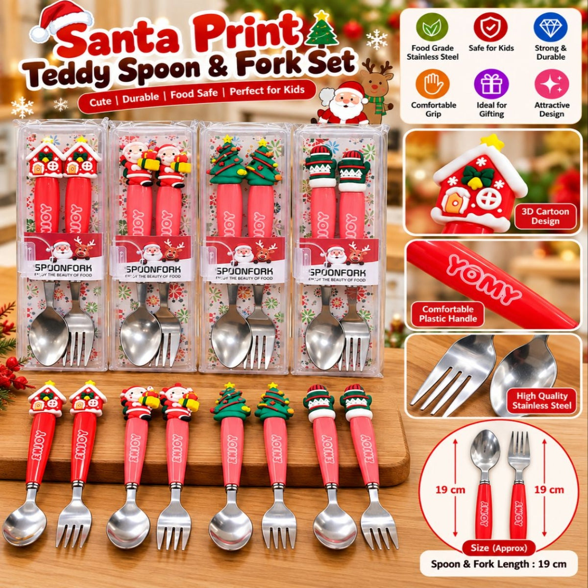 SHRINEX Printed Santa Mix Spoon & Fork Set
