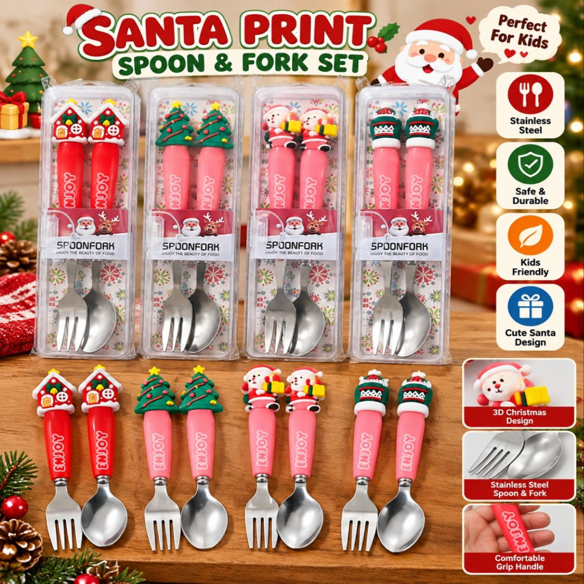 SHRINEX Printed Santa Mix Spoon & Fork Set