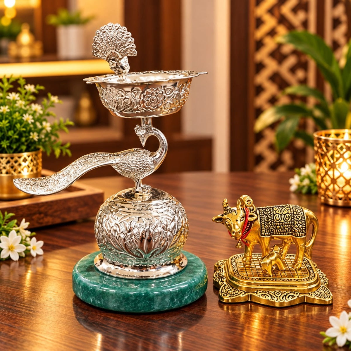 SHRINEX SILVER PLATED PEACOCK DIYA WITH ACRYLIC BASE AND BRASS KAMDHENU COW WITH VELVET BOX