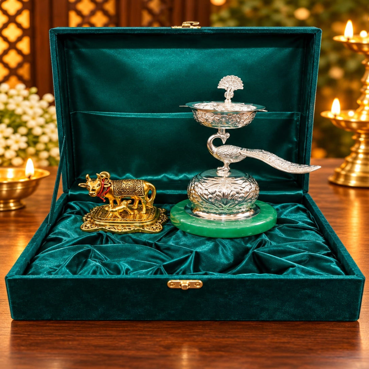 SHRINEX SILVER PLATED PEACOCK DIYA WITH ACRYLIC BASE AND BRASS KAMDHENU COW WITH VELVET BOX