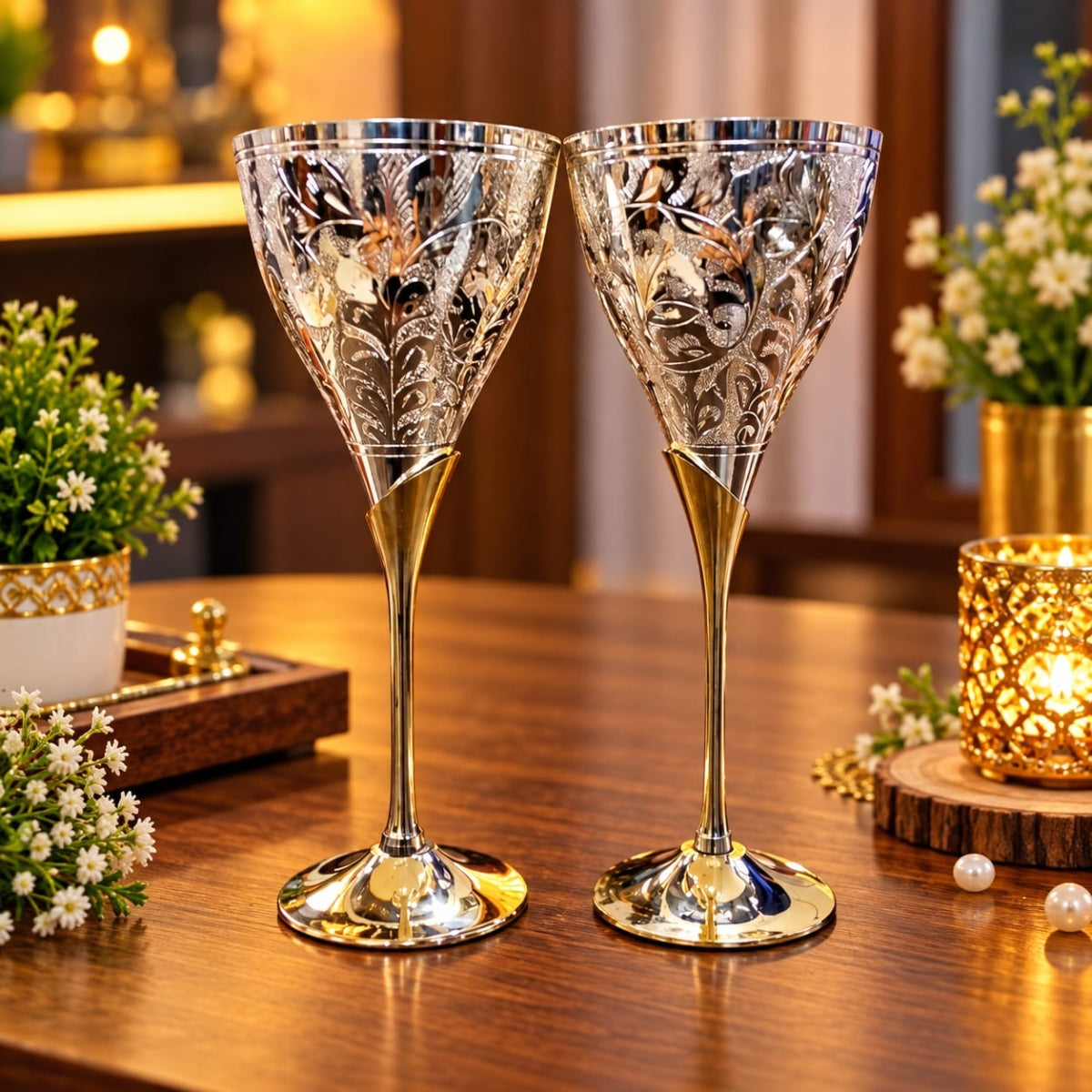 SHRINEX SILVER & BRASS WINE GLASS ( SET OF 2) WITH VELVET BOX
