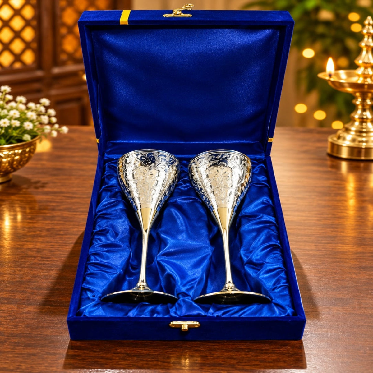 SHRINEX SILVER & BRASS WINE GLASS ( SET OF 2) WITH VELVET BOX
